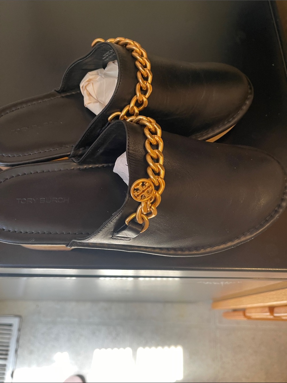 Tory Burch Black Leather Slip-On Mules with Gold Chain - Picture 2 of 8